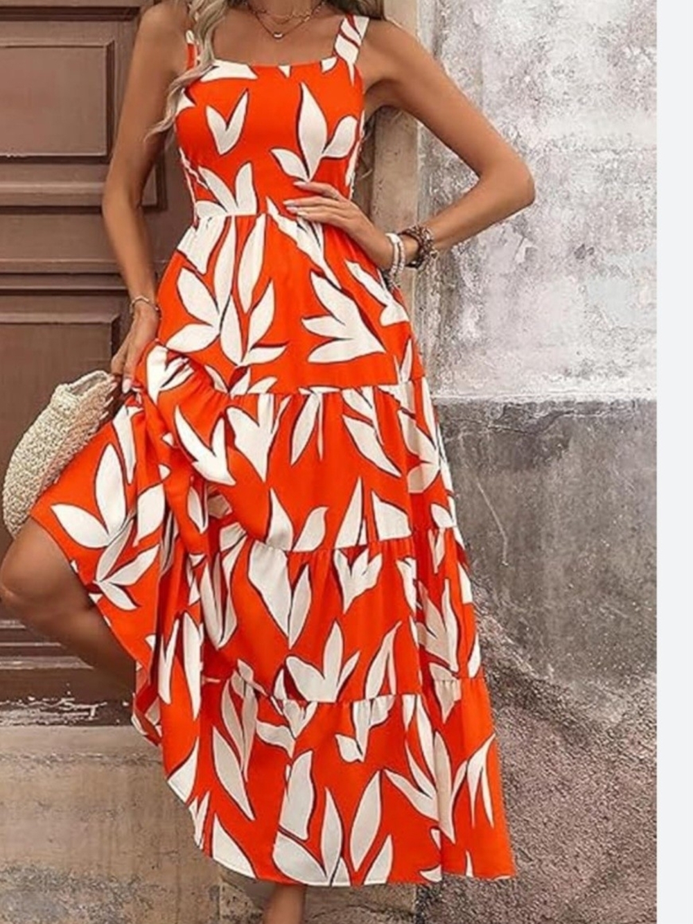 Women's Orange Floral Print Maxi Dress